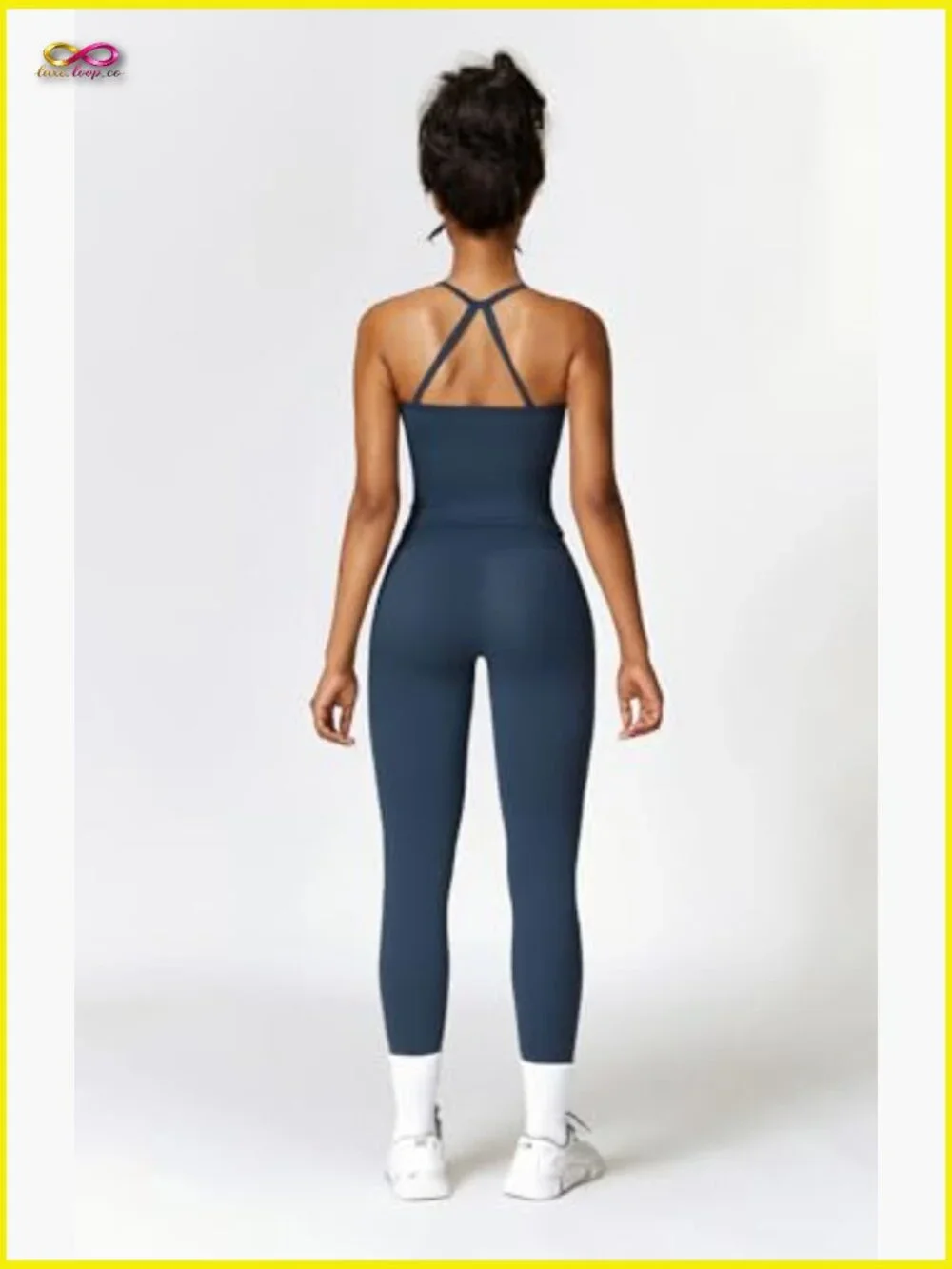 Two Piece Workout Set Cross Back Tank Top High Waist Leggings Gym Outfits - Picture 4 of 7
